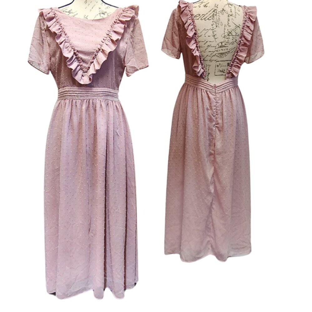 Open Back Pink Ruffle Maxi Dress Medium Swiss Dot Summer 80s Wedding Country‎